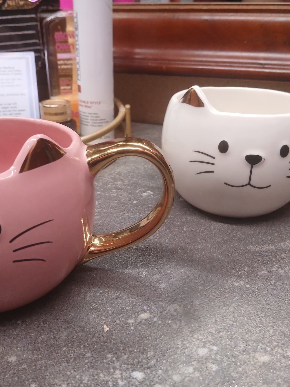 Cute Cat Face Ceramic Mugs - Pink & White with Gold Accents